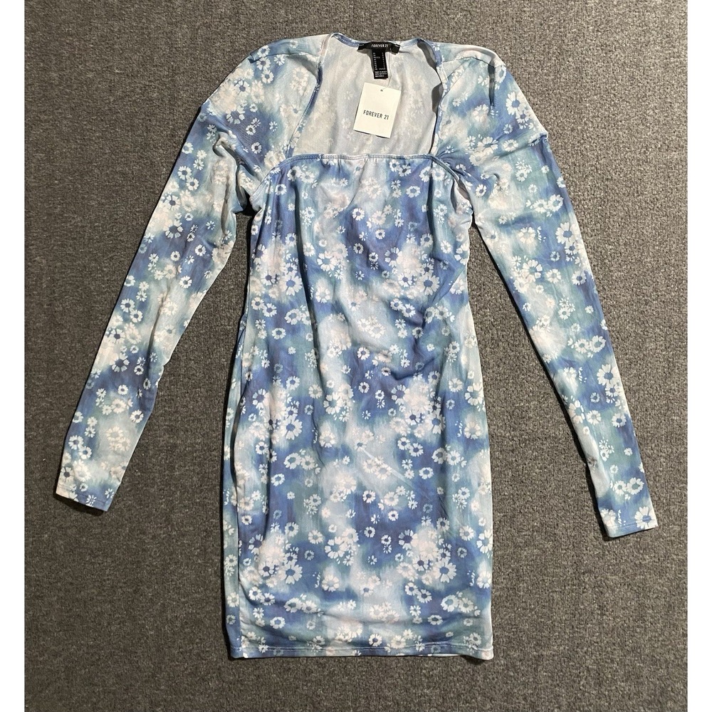 Forever 21 Floral Mini Dress Blue Womens Long Sleeve Gorgeous Size L- NWT